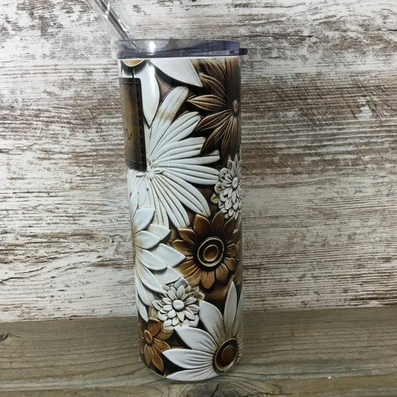 Brown and White Flowers Leather Look Personalized 20 oz Skinny Tumbler - Picture 2 of 6